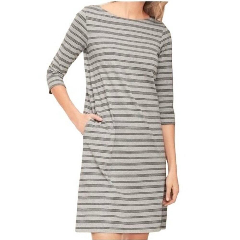 Garnet Hill Striped Organic Cotton Dress 3/4 Sleeve Bateau Neck Gray Womens 10